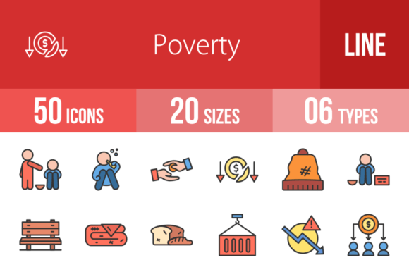 50 Poverty Filled Line Icons: Essential Graphics